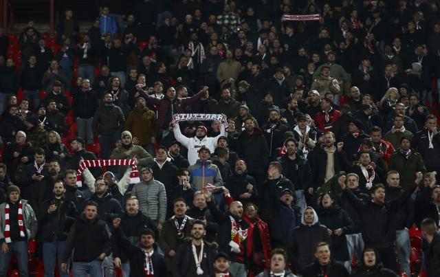 A small block of Stuttgart away fans at the  Rajko Mitić Stadium last night. 