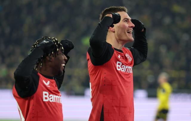 Patrick Schick and Jeremie Frimpong celebrate scoring the early 2-0 on Friday night. 